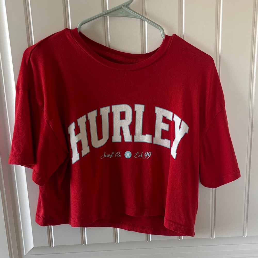 Hurley Red Boxy Cropped Tee with White Logo